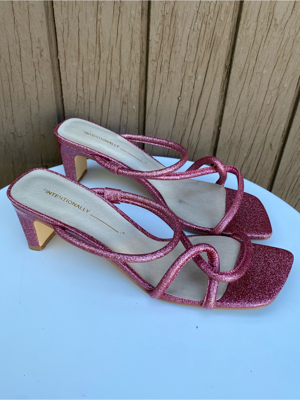 INTENTIONALLY BLANK Rose Pink Glitter Strappy Block Heel Mules